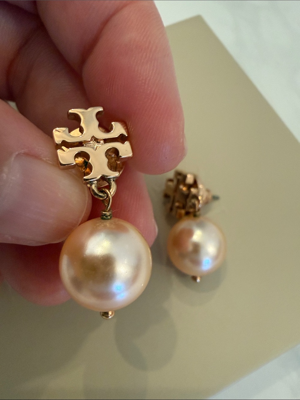Tory Burch Kira Rose Gold Logo Pearl Drop Earrings
